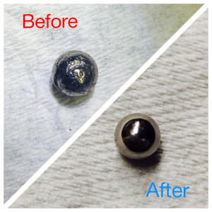 Abrasive cutting effluents create a very fine dust, which tends to coat everything on or near the machine. Over time, this dust can result in ball screw assembly wear.
Before: Worn ball bearing removed from CNC machine experiencing cut issues. 
After: Replacement ball bearings restore cut accuracy.